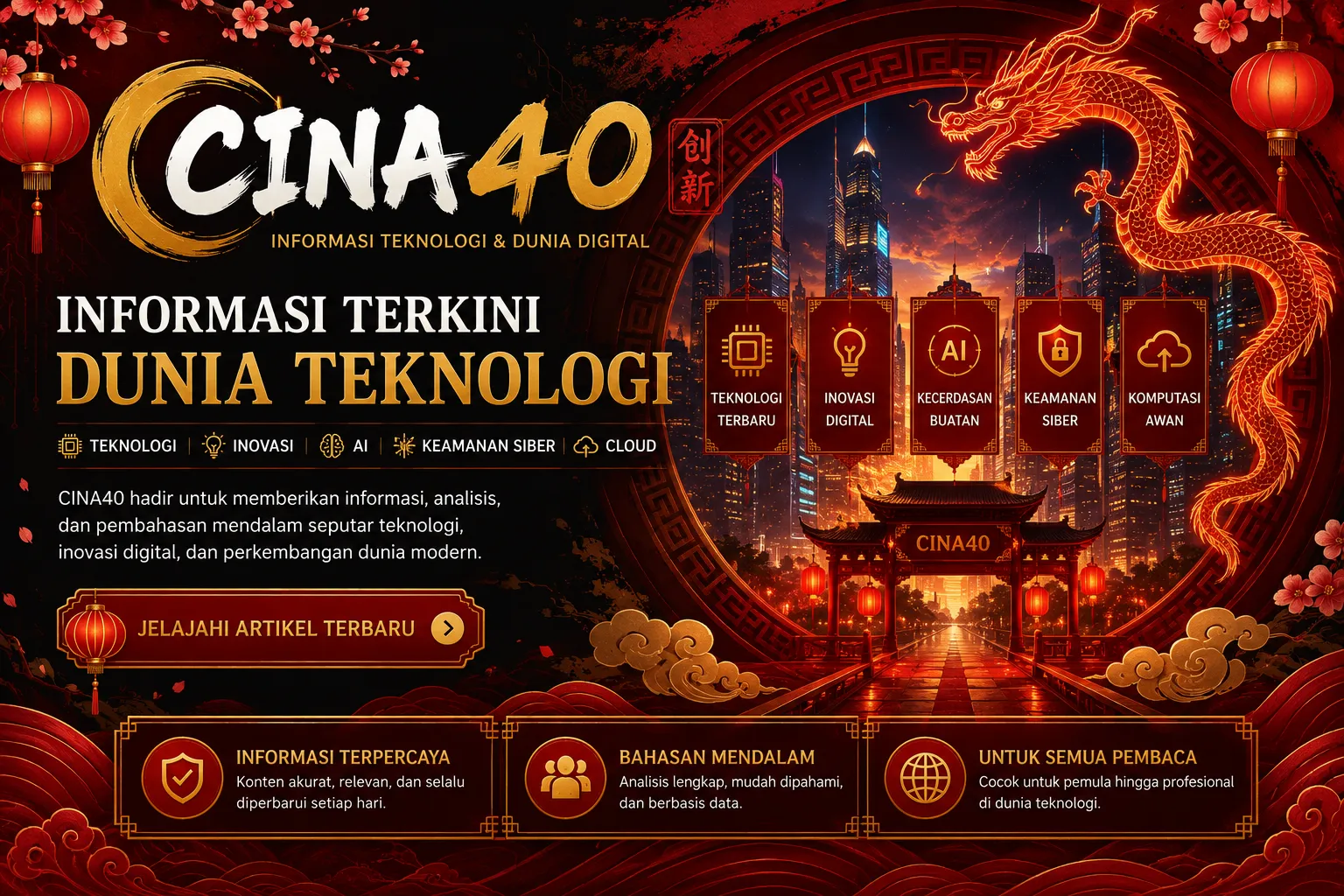 Hero banner CINA40 bertema teknologi futuristik dengan nuansa Imlek modern yang menampilkan kota digital, naga bercahaya, lampion, dan inovasi teknologi sebagai simbol perkembangan dunia digital.